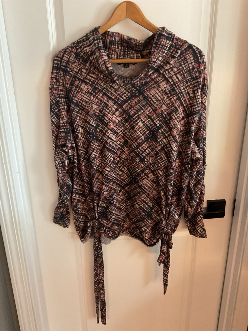 Zac & Rachel - Pink Multicolor Tie-Hem Long Sleeve Mock Neck Blouse - Ladies 2X